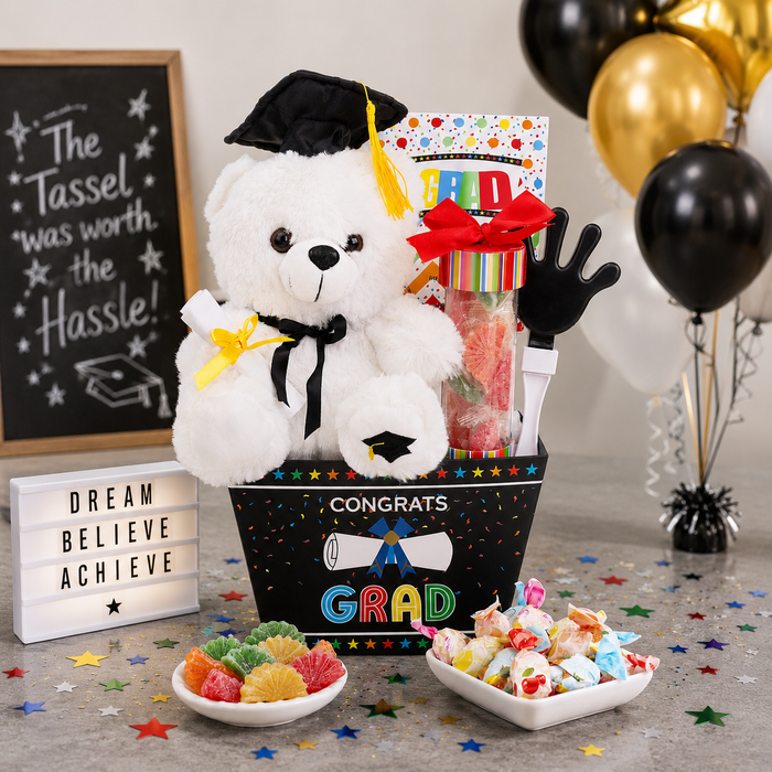 Graduation gift basket with white plush teddy in cap and 'Congrats Grad' design