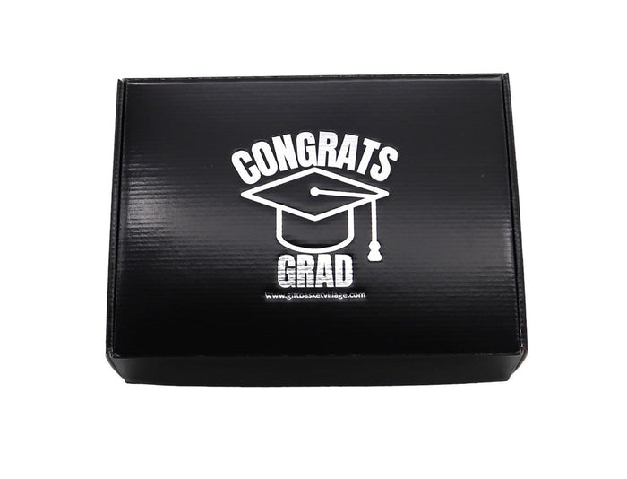Black gift box with "Congrats Grad" cap graphic on the lid.