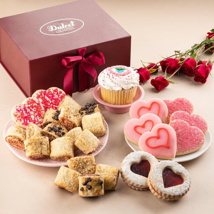 Heart cookie and cupcake gift box with assorted cookies and pink heart treats