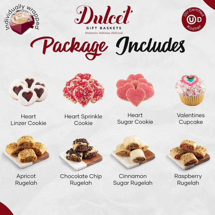 Gift basket package includes heart linzer cookie, heart sugar cookie, and cupcakes