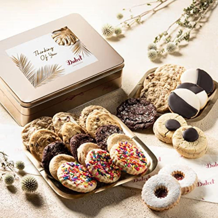 Gift tin of assorted cookies with thank-you note, including chocolate and sprinkle cookies