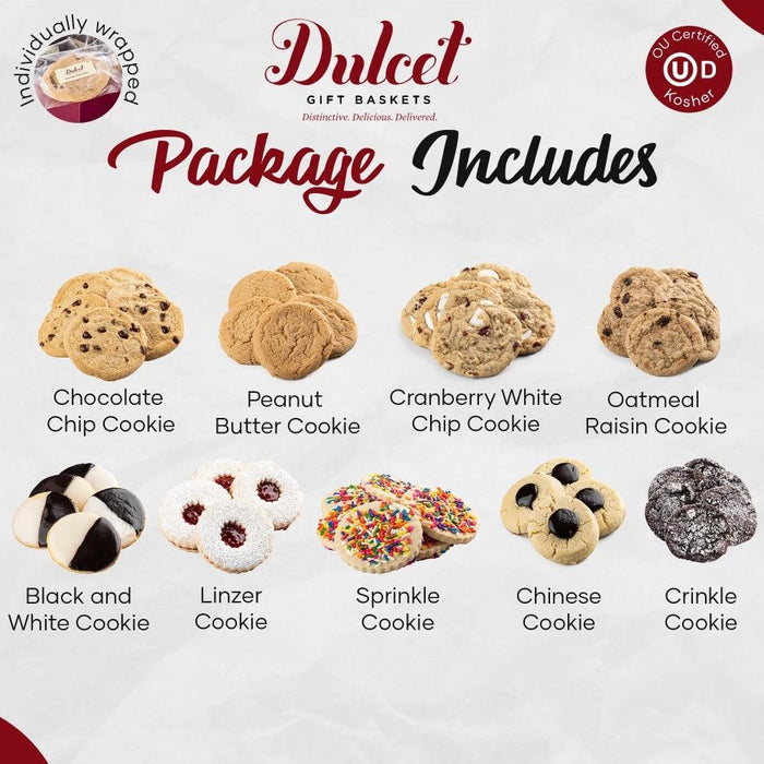 Package includes graphic showing cookie varieties in rows, from chocolate chip to crinkle