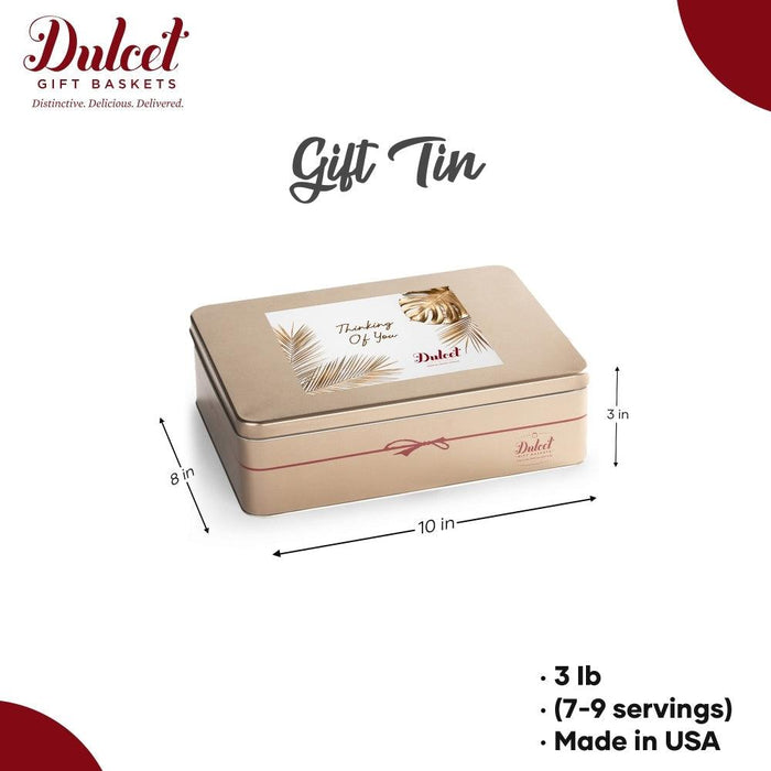 Dulcet gift tin size graphic: 10 in by 8 in, 3 lb (7–9 servings)