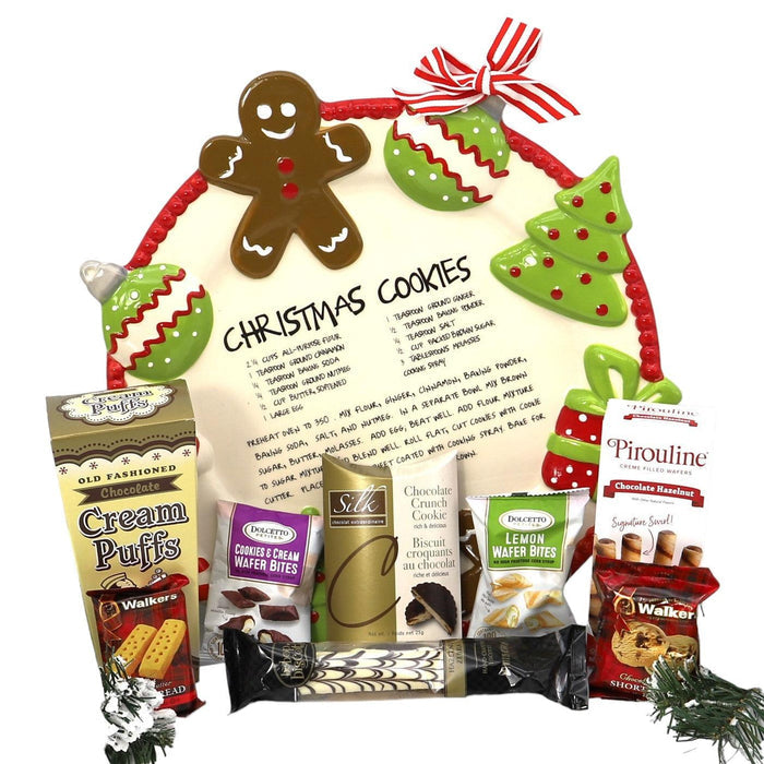 Christmas cookie gift platter with gingerbread frame and assorted packaged cookies