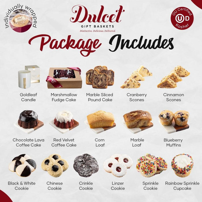 Dulcet Gift Baskets package showing assorted cookies, cakes, and dessert items