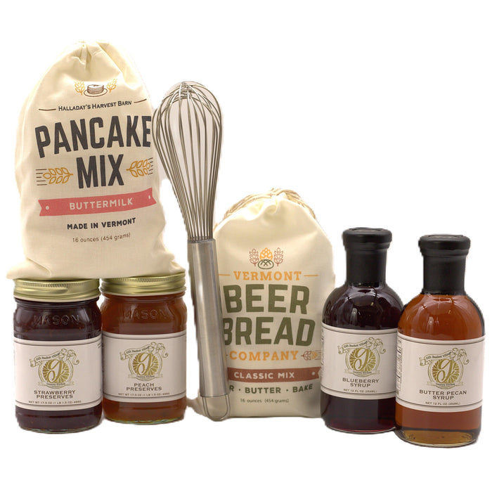 Breakfast gift set with pancake mix pouch, beer bread mix bag, four bottles and whisk