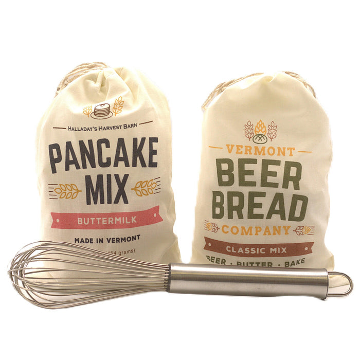 Breakfast gift set with pancake mix and beer bread pouches and metal whisk
