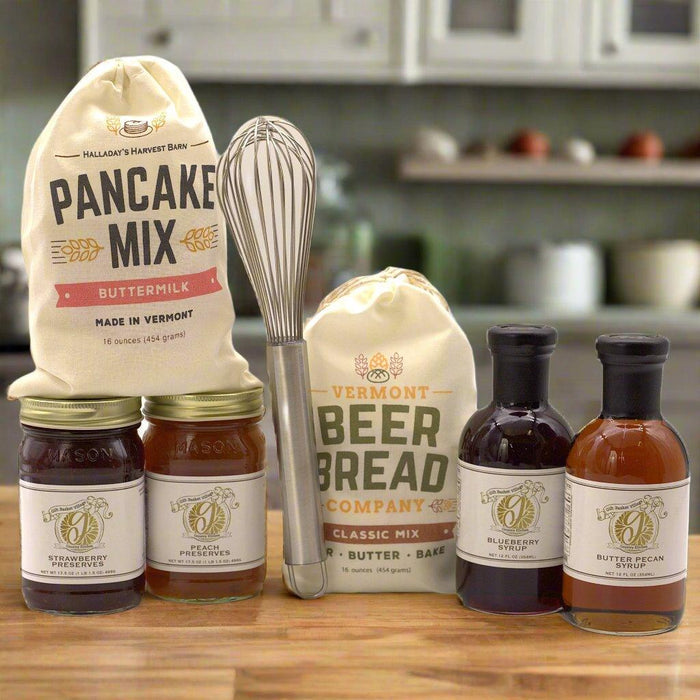 Breakfast gift set with pancake mix pouch, beer bread mix bag, four bottles and whisk