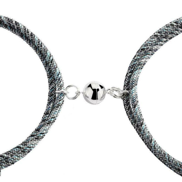 Grey and blue braided couple bracelets with round magnetic clasp and hook rings