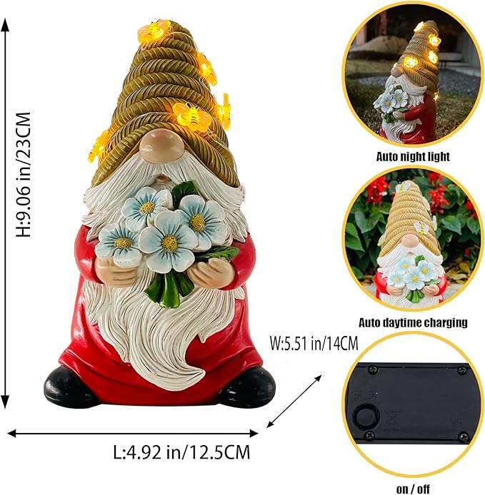 Bee-themed solar LED gnome statue with red body, white beard, blue flowers; size diagram