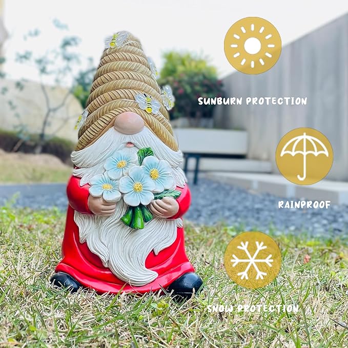 Bee-themed solar LED gnome statue on grass, red coat and white beard, blue flowers; weather icons