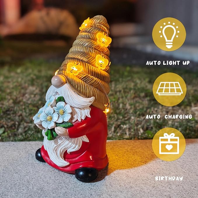 Bee-themed solar LED gnome statue with glowing honeycomb hat, red coat, white beard, blue flowers