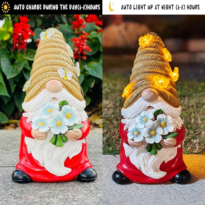 Bee-themed solar LED gnome statue showing daytime and night light effect, red coat, blue flowers
