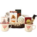 Holiday gift basket with two mugs, cookies, spiced apple cider and truffle tins