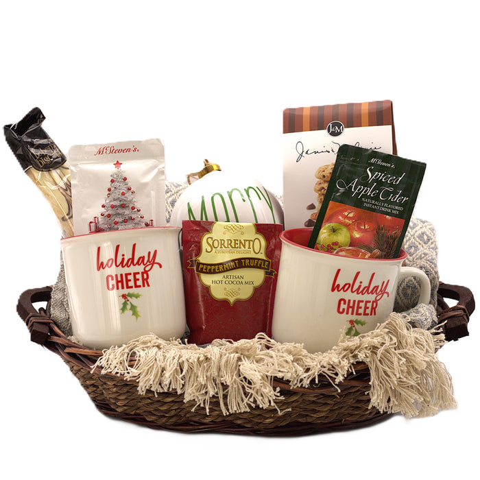 Holiday gift basket with mugs, cookies, artisan hot cocoa mix, apple cider and truffles