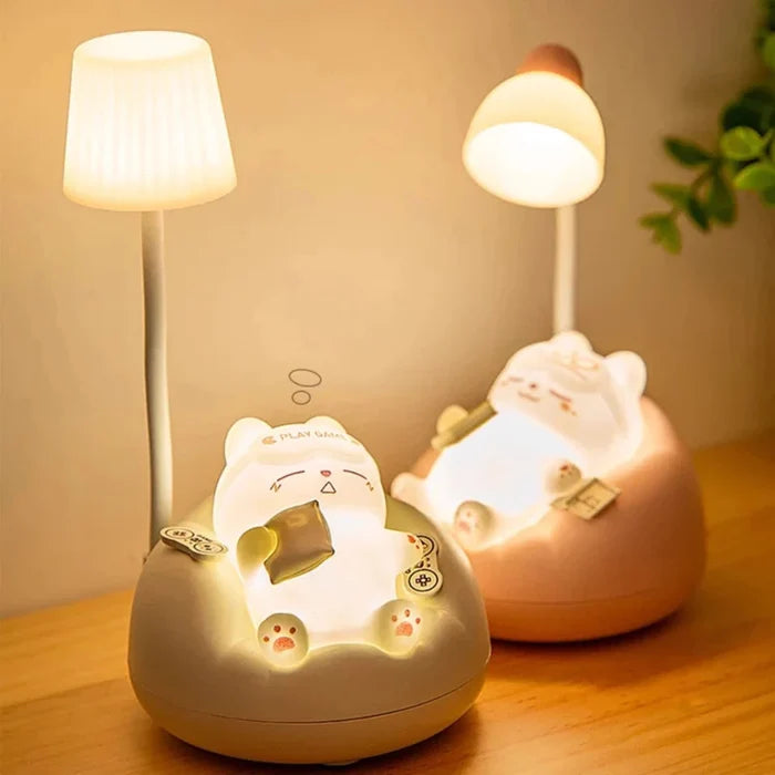 Glowing cat night light with warm light, round base and upright white shade
