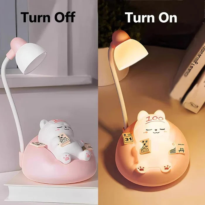 Cat night light shown off and on, white shade and pink base glowing