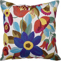 Multicolor floral embroidered pillow cover on white with blue, pink, and yellow flowers