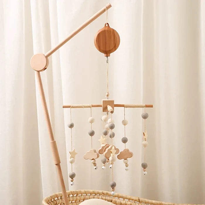 Crib hanging music mobile with wooden frame and bell toys
