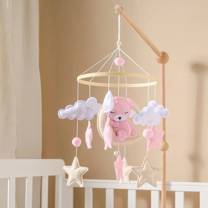 Wooden crib mobile rattle with felt bear, clouds, and star dangling toys