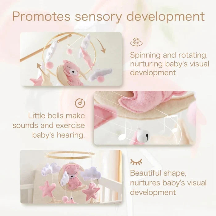 Crib mobile rattle with spinning ring and felt bear, clouds, and star bells