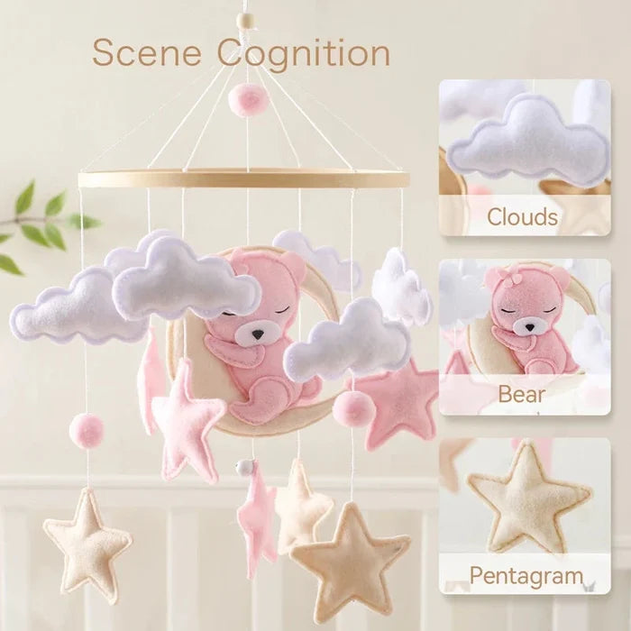 Crib mobile rattle with felt bear, clouds, and star pentagram toys on dangling strings