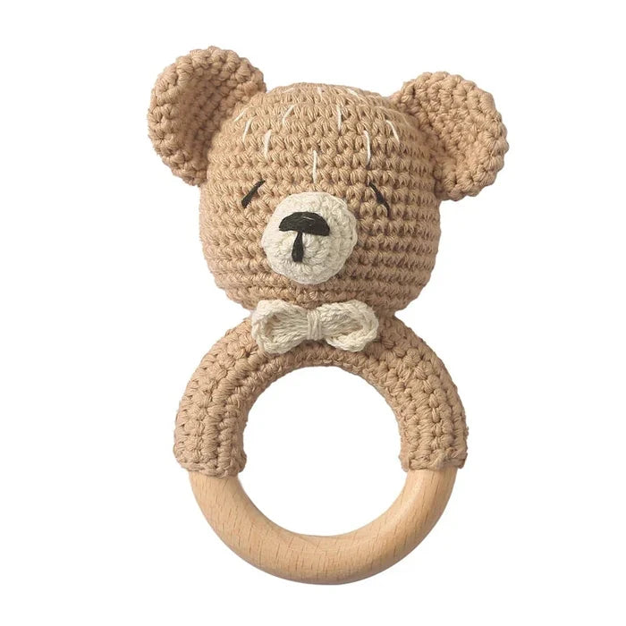 Crochet brown bear teether rattle with wooden ring and stitched eyes and nose