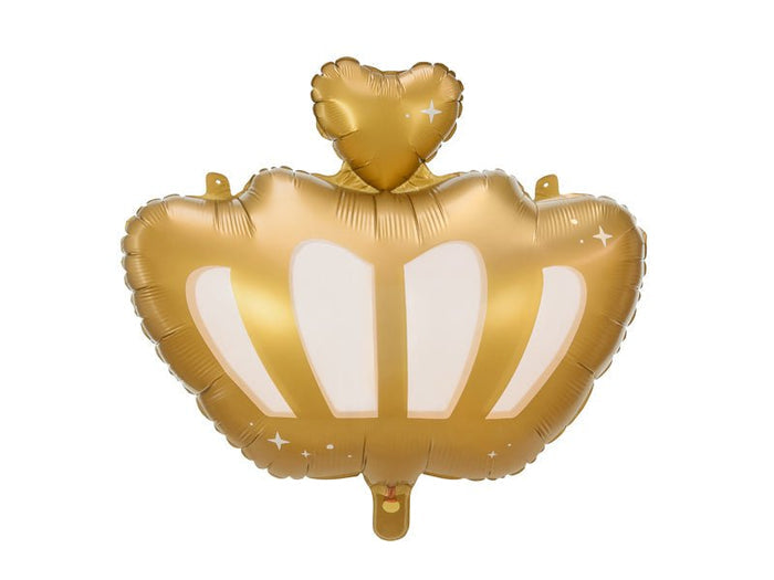 Gold crown balloon with heart topper and white striped cutout design