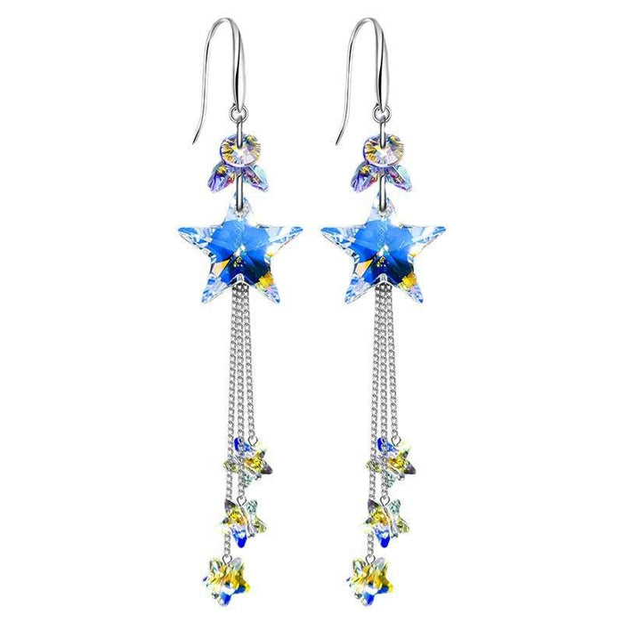 Crystal star drop earrings, blue star centerpiece with silver chain and small crystal accents