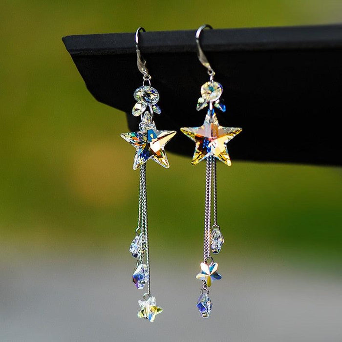 Long dangling star earrings with blue crystal stars and silver-tone chain with small drops