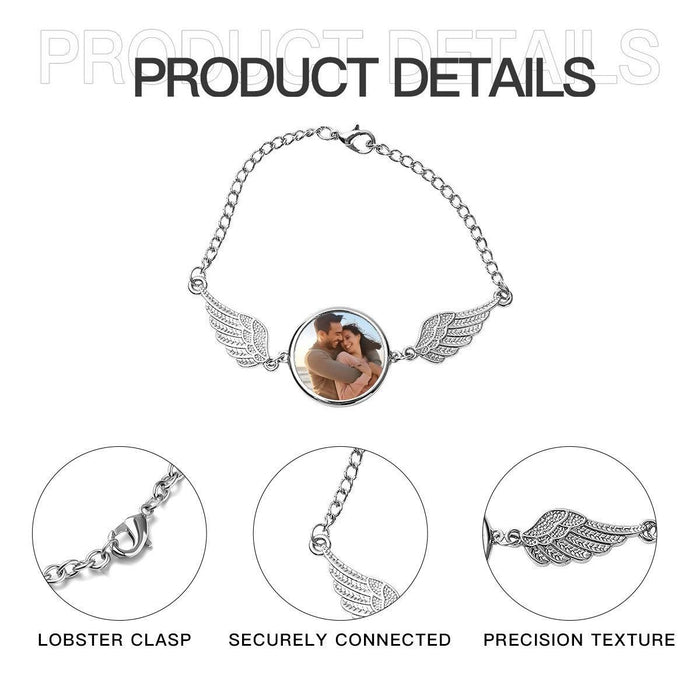 Angel wings photo bracelet showing lobster clasp and chain texture details