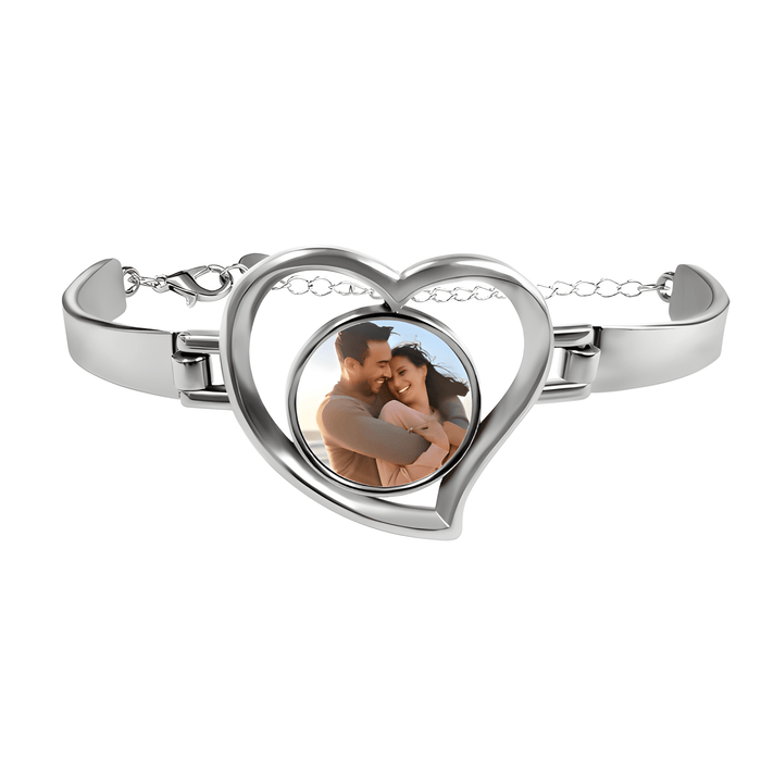 Silver-tone heart photo bracelet with inset heart portrait and hinged clasp