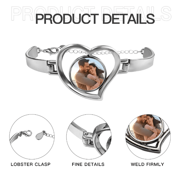 Heart photo bracelet silver-tone with inset portrait and product detail diagram