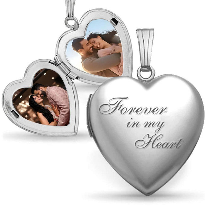 Heart locket necklace with two hinged photo frames and engraved heart message