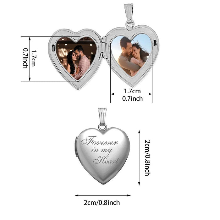 Heart photo locket necklace with two hinged heart compartments and engraved front
