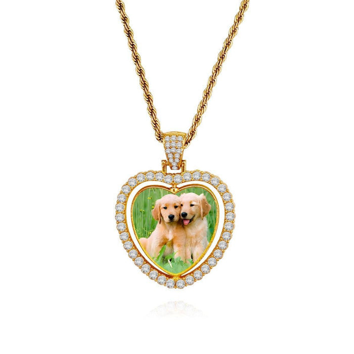 Heart-shaped photo pendant necklace with gold chain, rhinestone border and dog portrait