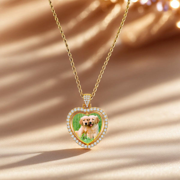 Heart photo pendant necklace with gold chain, sparkling border and dog portrait in center