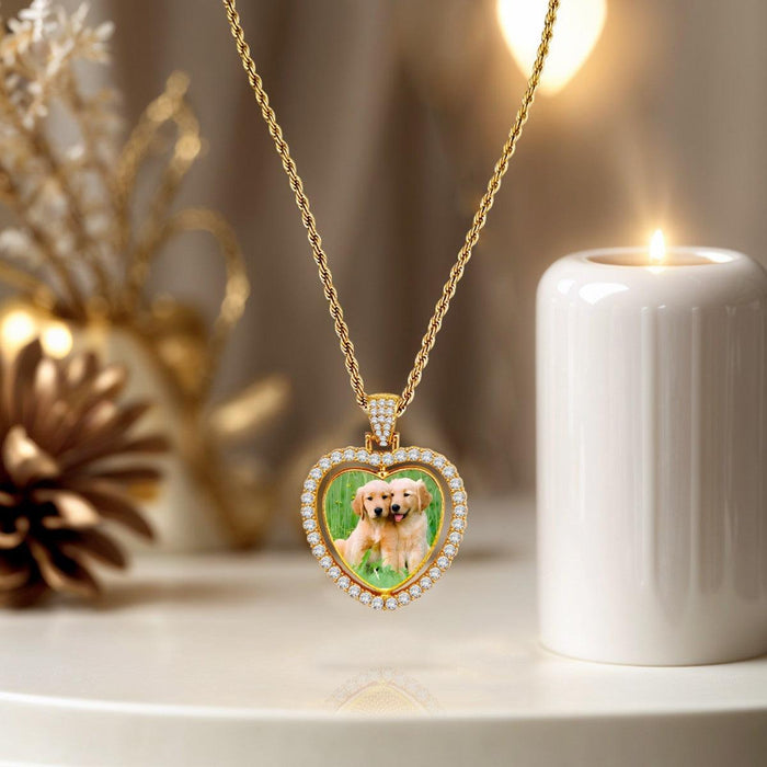 Gold heart photo pendant necklace with dog image, sparkling halo and heart frame