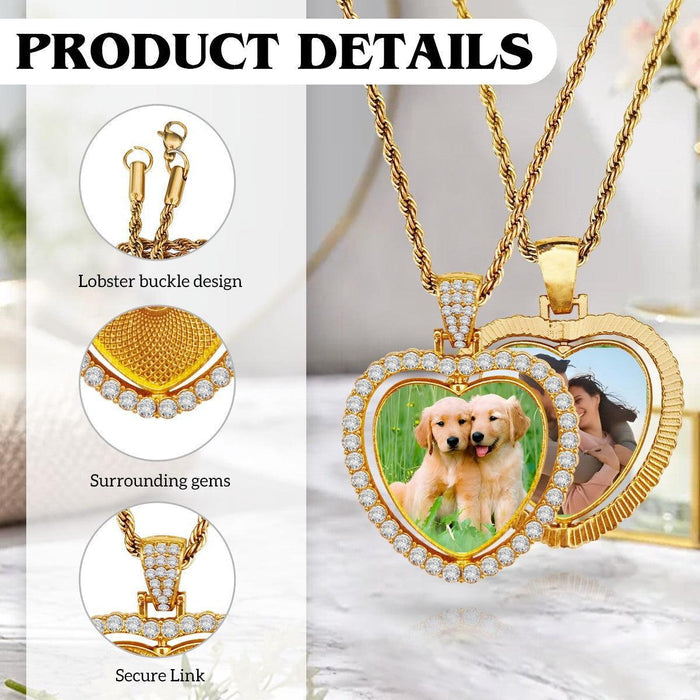Gold double-sided heart photo pendant necklace with dog image and rhinestone border