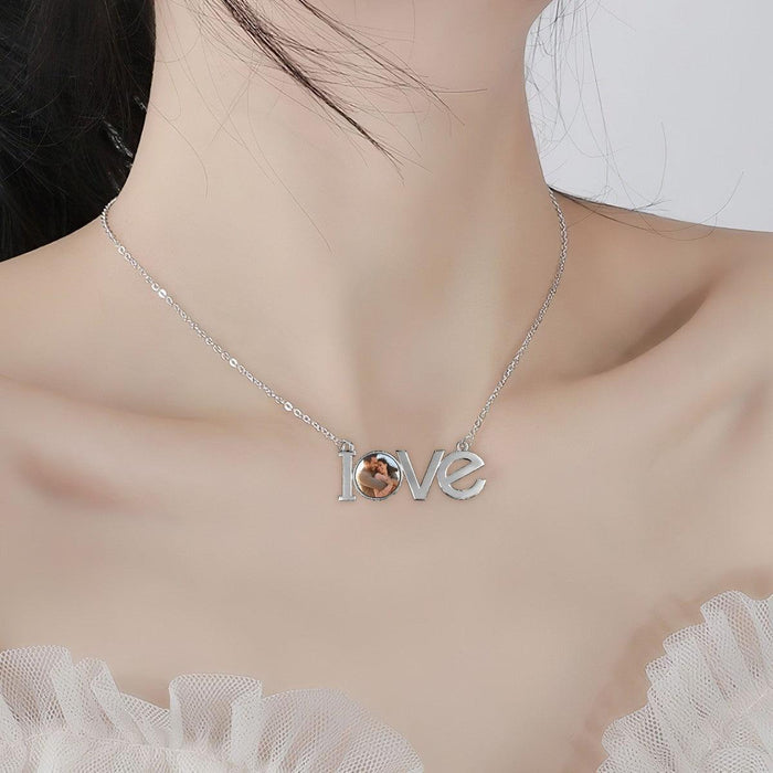 Silver LOVE pendant photo necklace on neckline with round picture charm