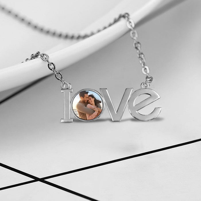 Silver LOVE pendant photo necklace with round picture charm and linked chain