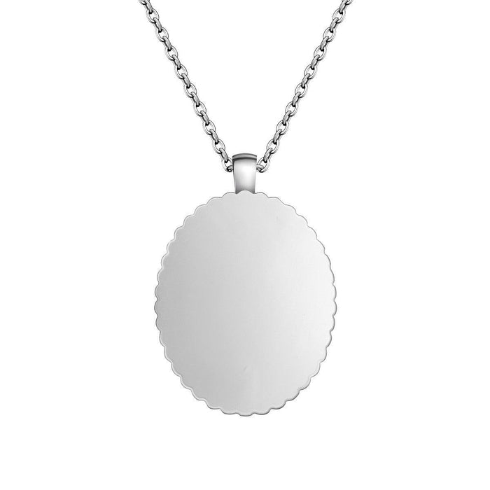 Silver photo oval pendant necklace with scalloped frame and chain