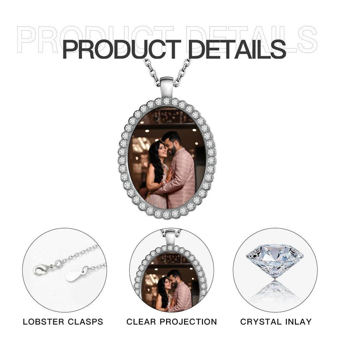 Photo oval pendant necklace with rhinestone-studded oval frame and chain