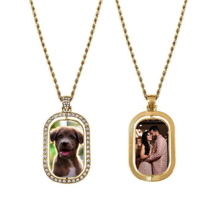 Gold photo pendant necklace with oval dog portrait and couple portrait charms