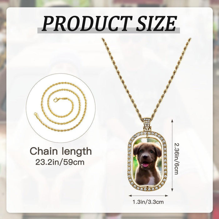 Gold photo pendant necklace size measurements showing chain length and pendant height