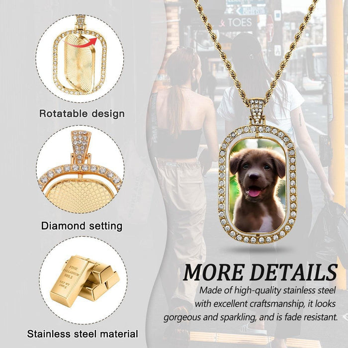 Gold photo pendant necklace with oval rhinestone bezel and stainless steel design