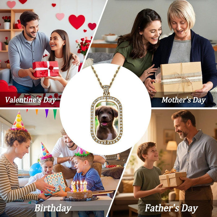 Gold photo pendant necklace with oval dog portrait charm in gift-themed collage