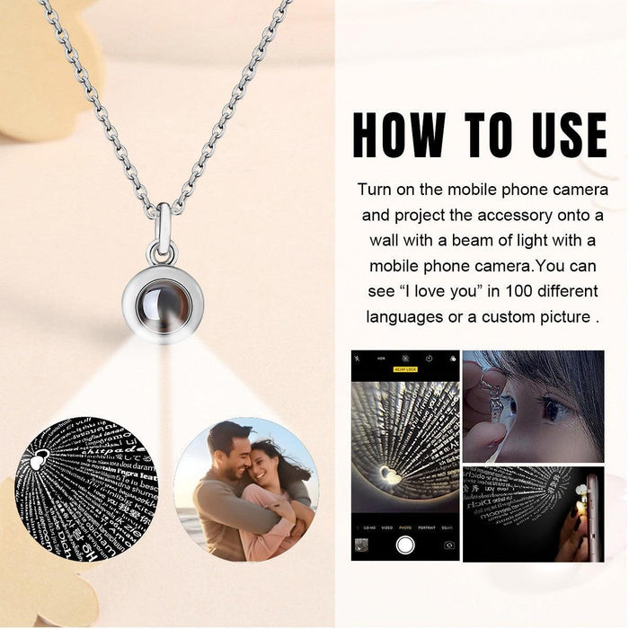 Silver round projection pendant necklace with chain and photo window