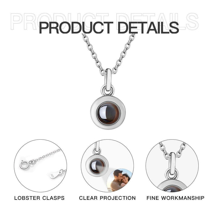 Silver round projection pendant necklace with chain and photo window detail