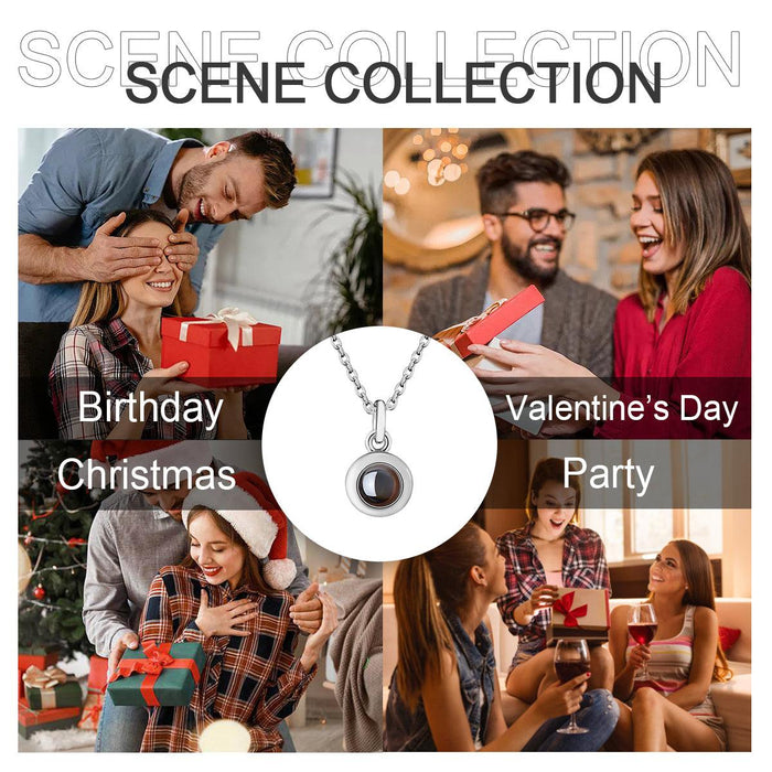 Silver round projection pendant necklace with chain, centered view